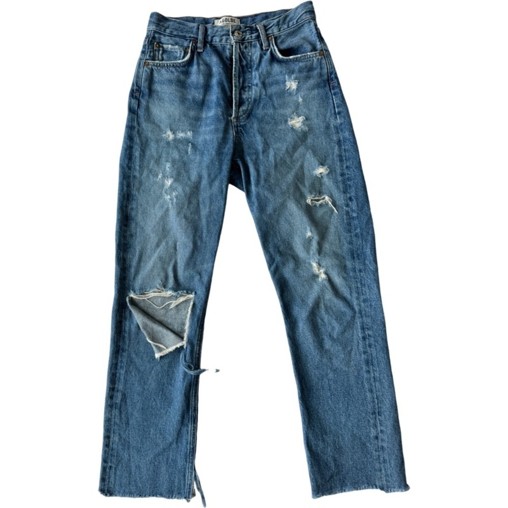 ✅ Agolde Women blue distressed Feel Good high waist buttoned jeans size 24